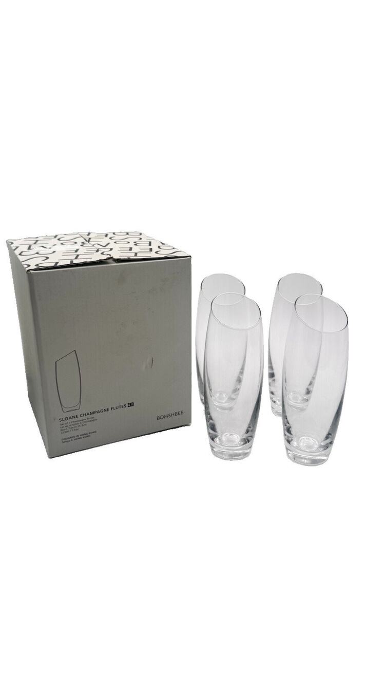 Bomshbee Sloane Clear Glass Champagne Flutes Set Of 4 Modern Barware 7.5 oz EUC